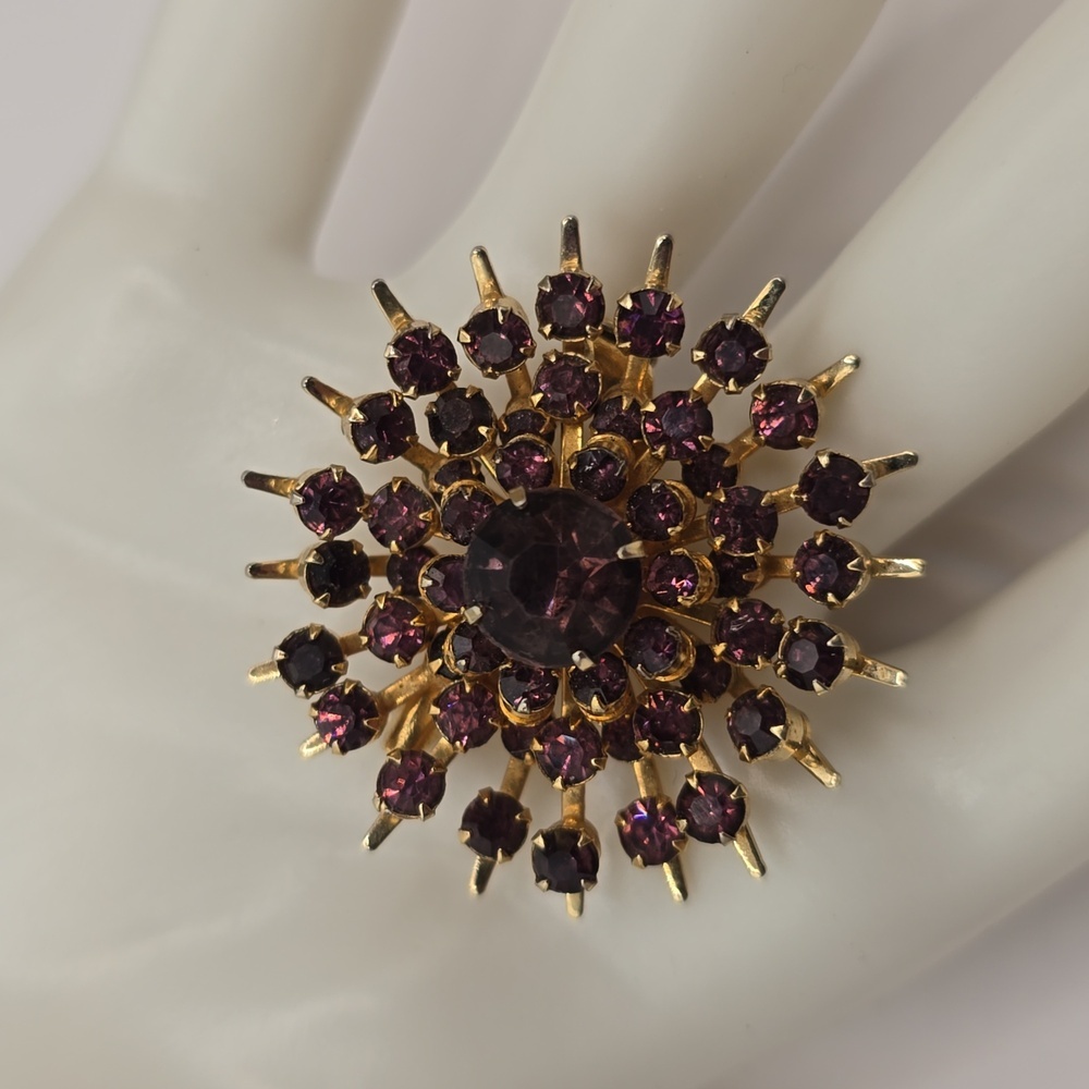 Vintage Coro Purple Rhinestone Starburst Gold Tone Brooch